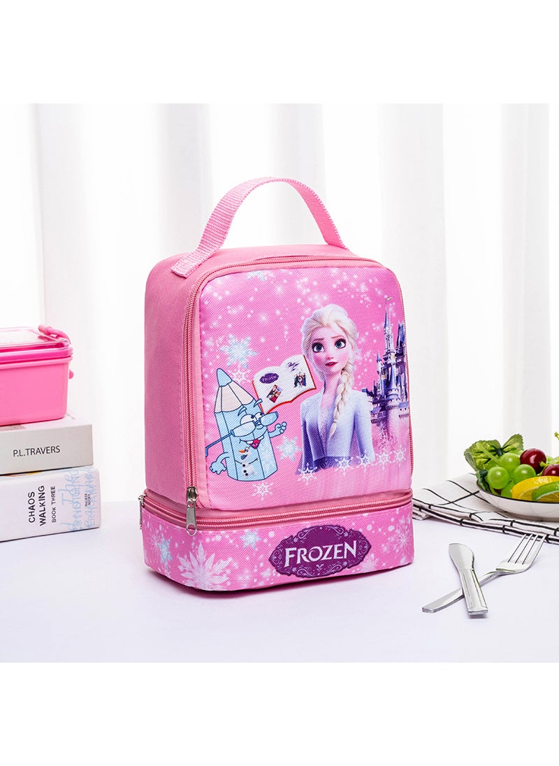 Cartoon Portable Lunch Box Bag Student Double Layer Lunch Bag Childrens Lunch Bag Fruit Snacks Milk Lunch Box Storage Bag No. 3 Powder Ice Castle