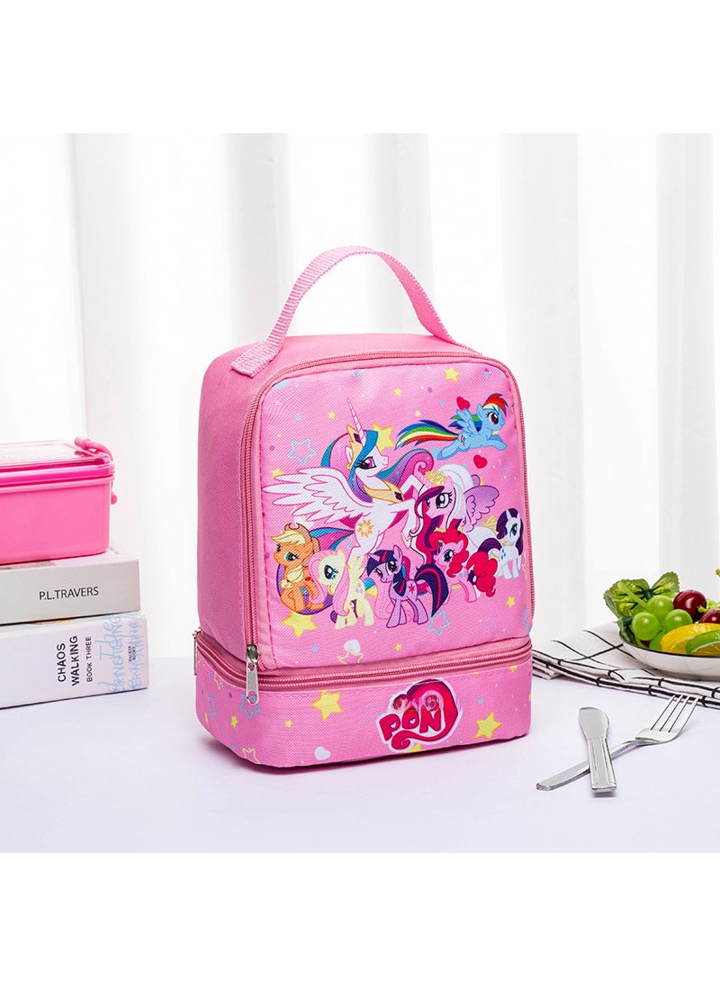 Cartoon Portable Lunch Box Bag Student Double Layer Lunch Bag Childrens Lunch Bag Fruit Snacks Milk Lunch Box Storage Bag Rainbow Pony No. 7