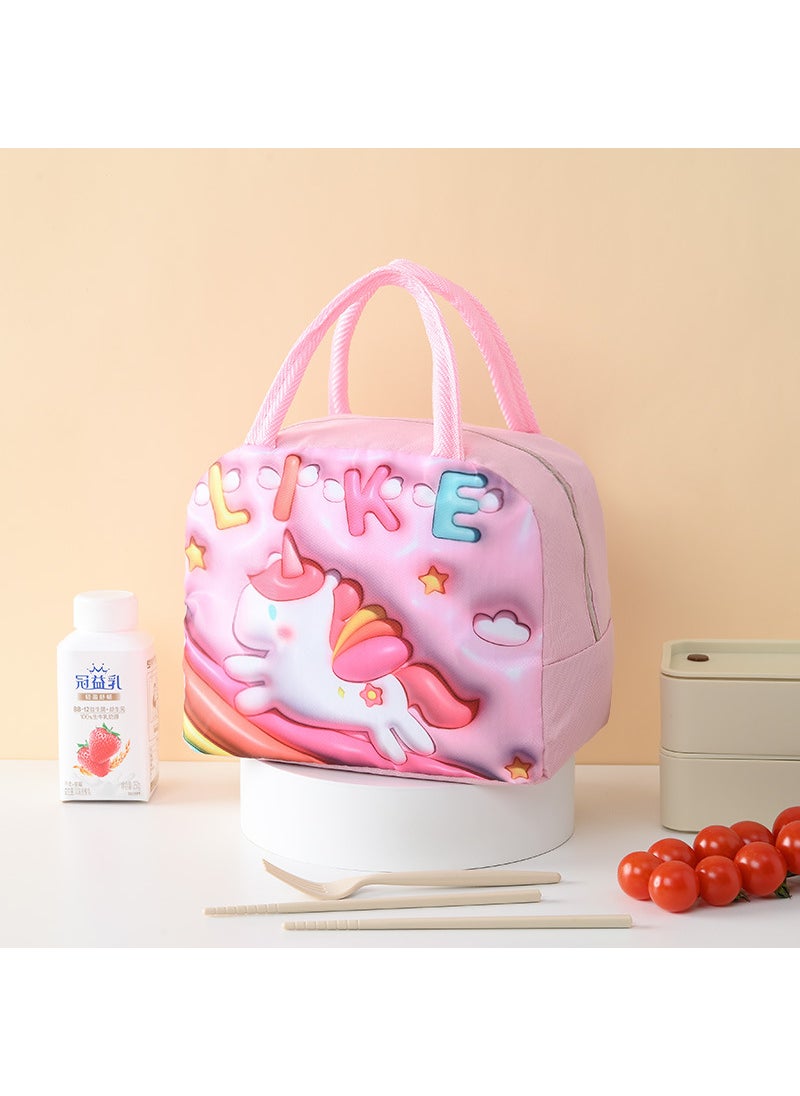 3D Cartoon Insulation Bag Childrens Portable Insulation Bag Oxford Cloth Lunch Bag Cute Lunch Bag Student Lunch Box Bag Pink Rainbow Horse