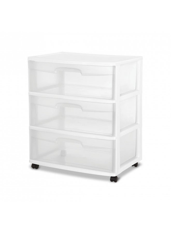 Sterilite Wide 3-Drawer Storage Cart, Organize Items in Bedroom, Kitchen, Bathroom, Craft & Dorm Room, White with Clear Drawers, 1-Pack