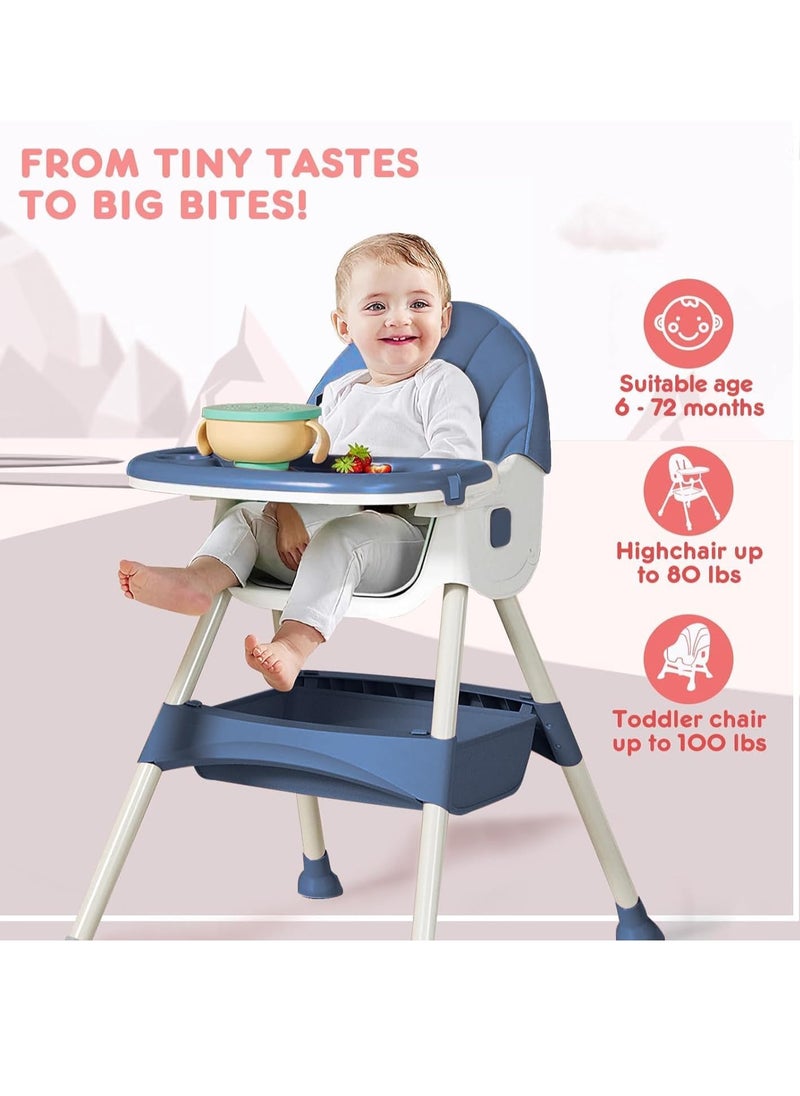 6-in-1 Baby High Chair for Babies and Toddlers, 4 Gear Adjustable Backrest & Height Foldable Infant Baby Feeding Rocking Chair for Eating with Detachable Double Tray and convertible Leg Support Plate