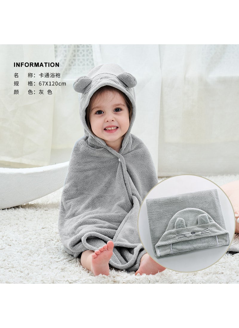 Soft Hooded Baby Bathrobe Coral Fleece Towel Grey