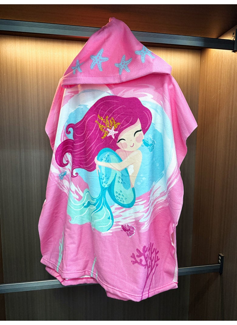 Cross-border large childrens bath towel cloak baby bath quick-drying wearable childrens bathrobe cartoon cloak bath towel Starfish mermaid comes with storage backpack (70*150cm suitable for 5-15 years old)