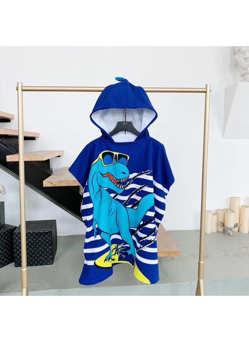 Cross-border large childrens bath towel cloak baby bath quick-drying wearable childrens bathrobe cartoon cloak bath towel Blue dinosaur comes with storage backpack (70*150cm is suitable for 5-15 years old)