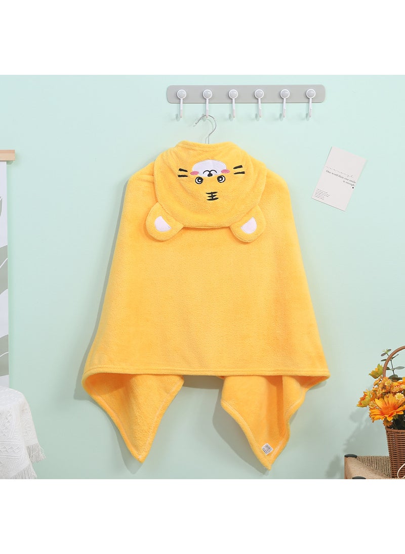 Kids Hooded Poncho Towel - Thick Coral Fleece Bathrobe for Bath  Swim Smiling Tiger-yellow