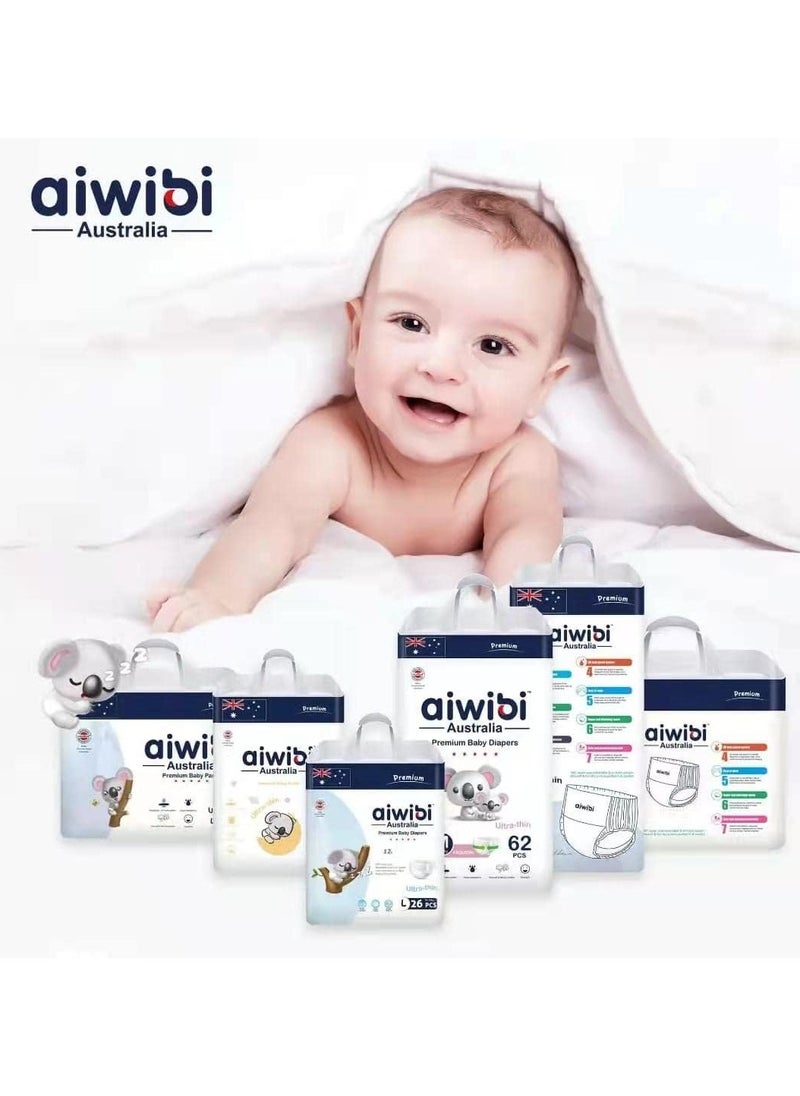 Aiwibi Diapers, Series Premium Nappy, Ultra-Soft and Absorption, Hypoallergenic and Leak-Proof (Medium, 62, count)