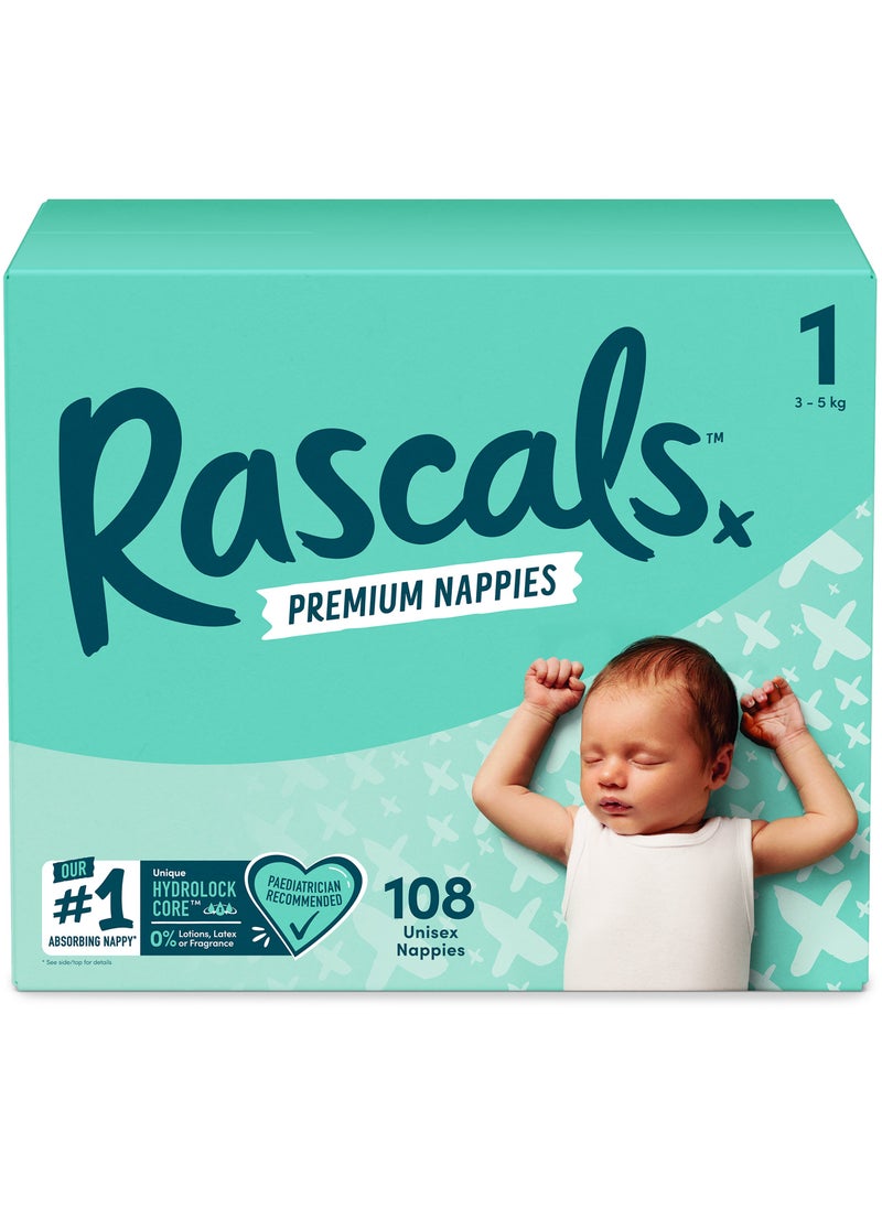 Rascals Premium Baby Diapers Jumbo Box - Size 1, 3-5 kg, 108 Count