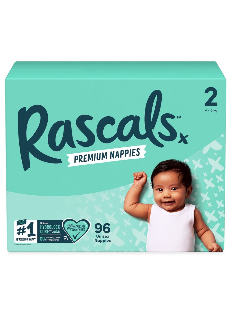 Rascals Premium Baby Diapers Jumbo Box - Size 2, 4-8 kg, 96 Count