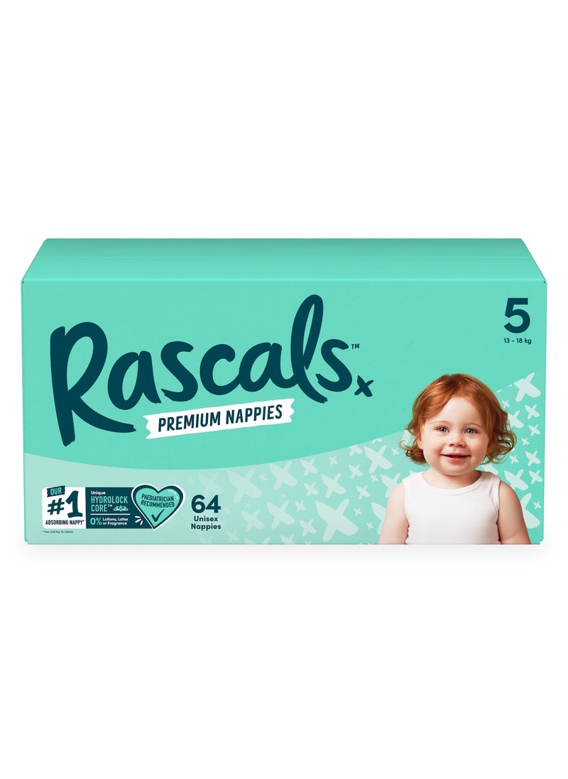 Rascals Premium Baby Diapers Jumbo Box - Size 5, 13-18 kg, 64 Count