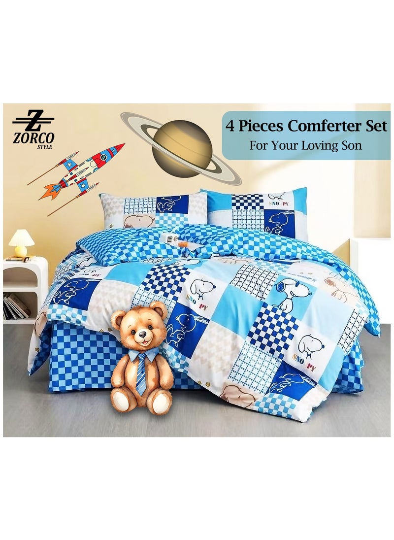 Boys Duvet Cover Set 4 Pieces Cotton King Size Luxurious Bedding Set, Modern and Attractive Bedding Set with 1xFlate Sheet, 1xDuvet Cover, 2xPillow Cases