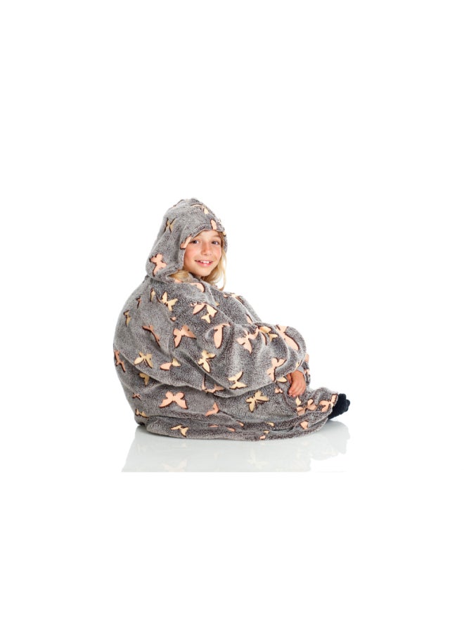 Hoodie Wearable Blanket | Oversized Sweatshirt, Hooded Fleece Blanket for Kids & Teenagers, Ultra Soft & Comfy, Big Front Pocket, Lightweight, Washable, size 65x75cm - Glow Butterflies