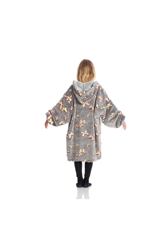 Hoodie Wearable Blanket | Oversized Sweatshirt, Hooded Fleece Blanket for Kids & Teenagers, Ultra Soft & Comfy, Big Front Pocket, Lightweight, Washable, size 65x75cm - Glow Butterflies