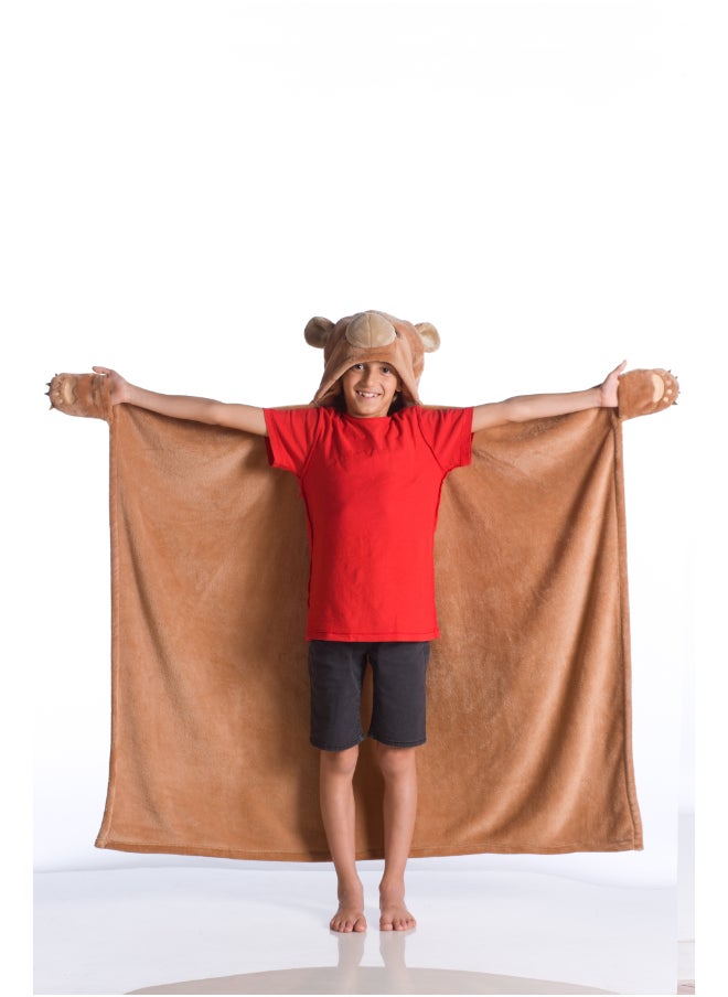 Wearable Blanket | Wearable Fleece Blanket for Kids w/ Cape, Hood, Gloves, Soft, Comfy, Warm, Fun, Machine Washable, for Kids Teenagers size 100 x 130cm - Brown Bear