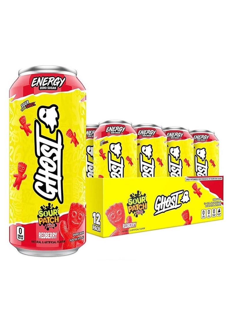 Ghost Energy Zero Sugar Sour Patch Kids, Red Berry, 16 fl oz (473 ml), Pack of 12