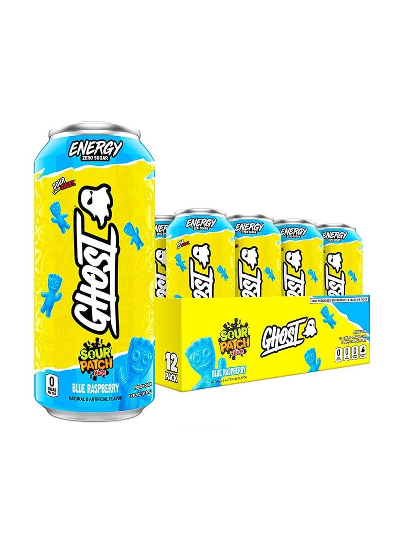 Ghost, Energy Zero Sugar Sour Patch Kids, Blue Raspberry, 16 fl oz (473 ml), Pack of 12