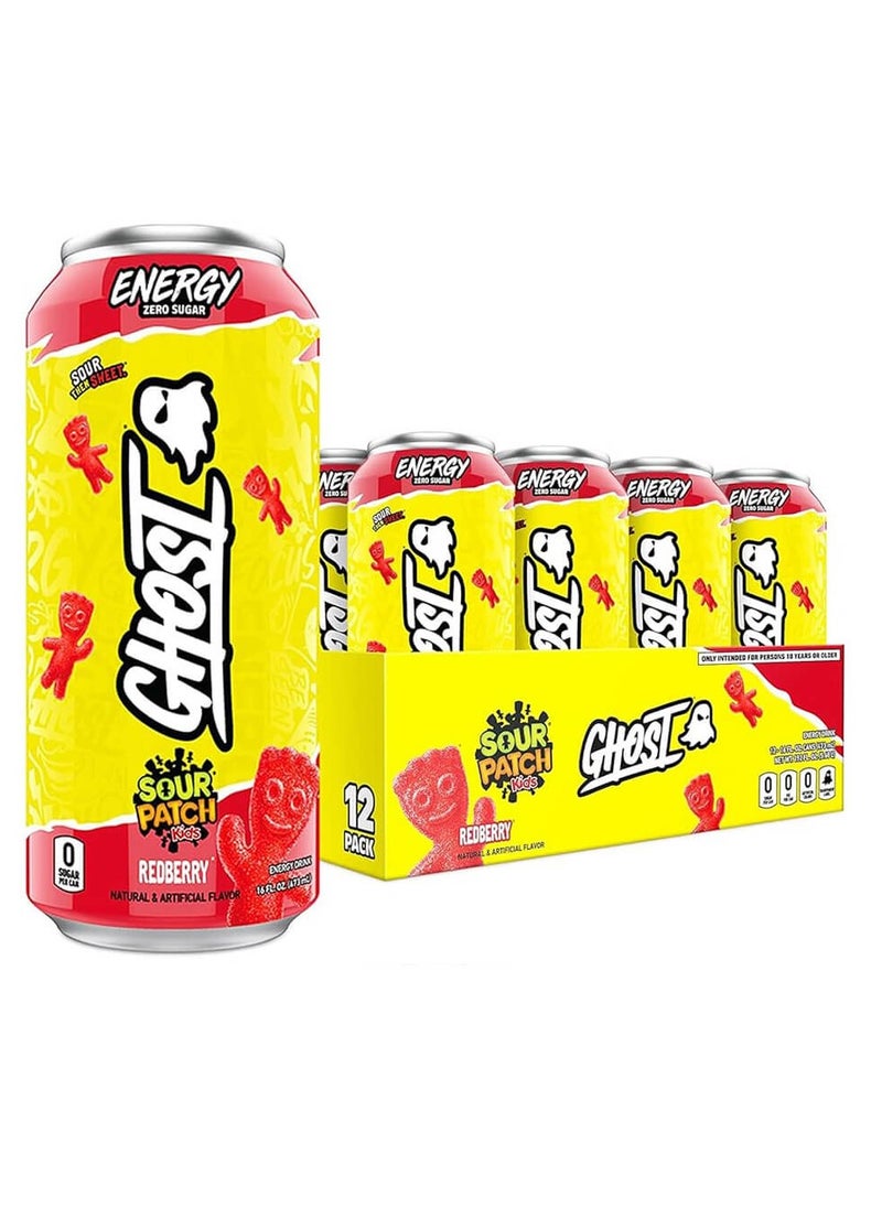 Ghost Energy Zero Sugar Sour Patch Kids, Red Berry, 16 fl oz (473 ml), Pack of 12