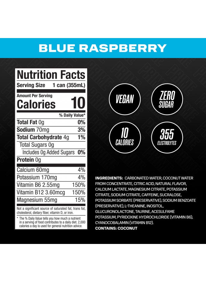 PRIME Energy BLUE RASPBERRY | Zero Sugar Energy Drink | Preworkout Energy | 200mg Caffeine with 355mg of Electrolytes and Coconut Water for Hydration| Vegan | Gluten Free |12 Fluid Ounce | 12 Pack