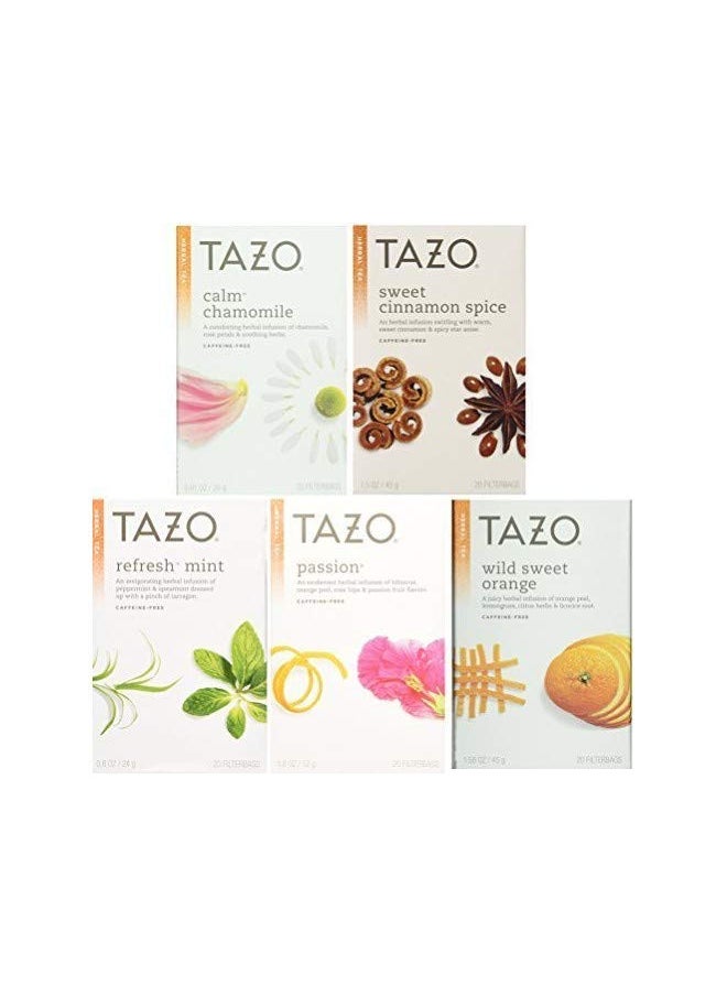 Tazo Herbal Tea 5 Flavor Variety Pack Sampler (Pack of 5, 100 Bags Total)