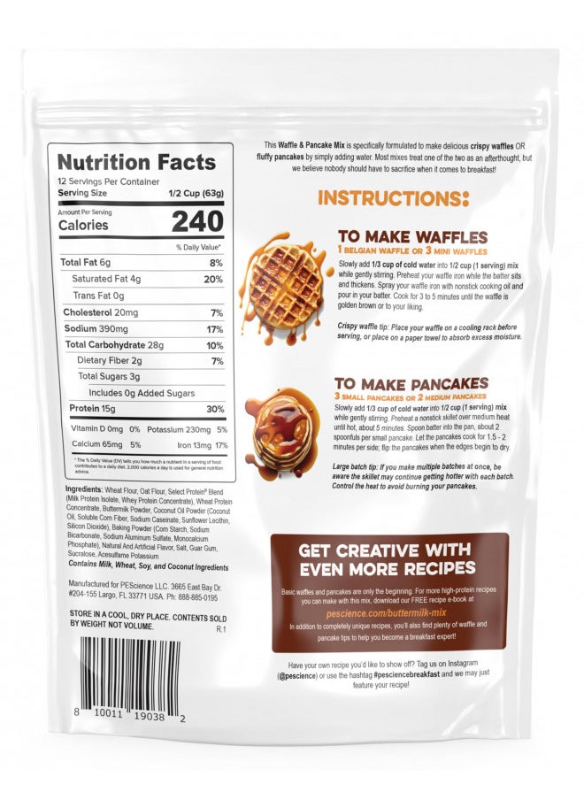 PEScience Buttermilk Protein Pancake & Waffle Mix, Just Add Water, 12 Servings