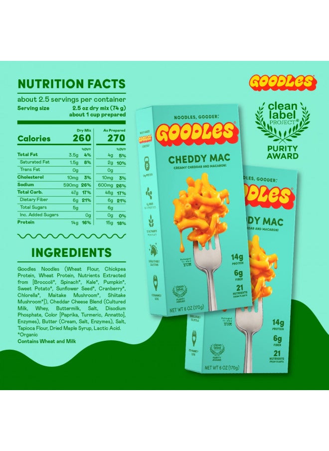 Goodles Cheddy Mac & Cheese 12 Pack, 6oz - 14g Protein, 6g Fiber with Prebiotics, 21 Nutrients and Made w/REAL Cheese! | Clean Label Certified