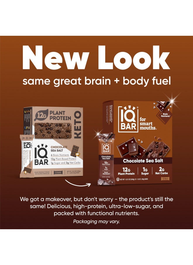 IQBAR Brain and Body Keto Protein Bars - Chocolate Sea Salt Keto Bars - 24-Count Energy Bars - Low Carb Protein Bars - High Fiber Vegan Bars and Low Sugar Meal Replacement Bars - Vegan Snacks