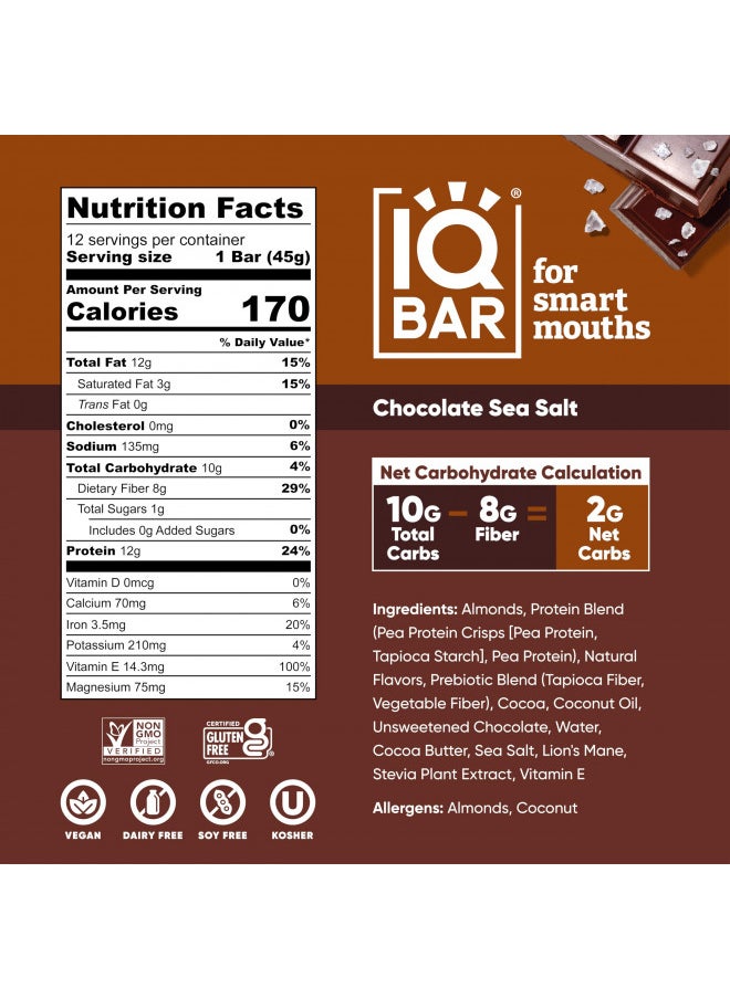 IQBAR Brain and Body Keto Protein Bars - Chocolate Sea Salt Keto Bars - 24-Count Energy Bars - Low Carb Protein Bars - High Fiber Vegan Bars and Low Sugar Meal Replacement Bars - Vegan Snacks