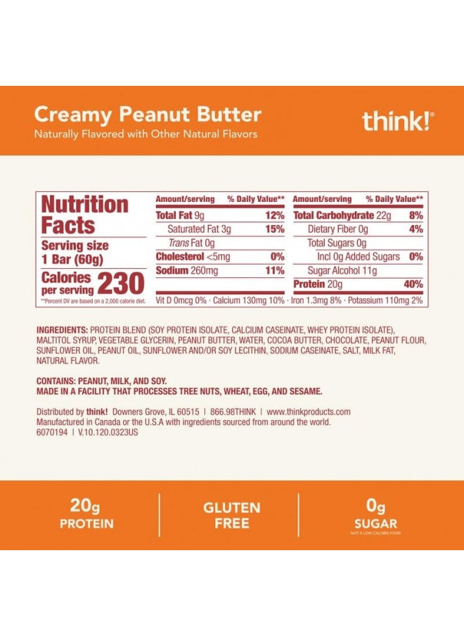 think! Protein Bars, High Protein Snacks, Gluten Free, Sugar Free Energy Bar with Whey Protein Isolate, Creamy Peanut Butter, Nutrition Bars without Artificial Sweeteners, 2.1 Oz (12 Count)