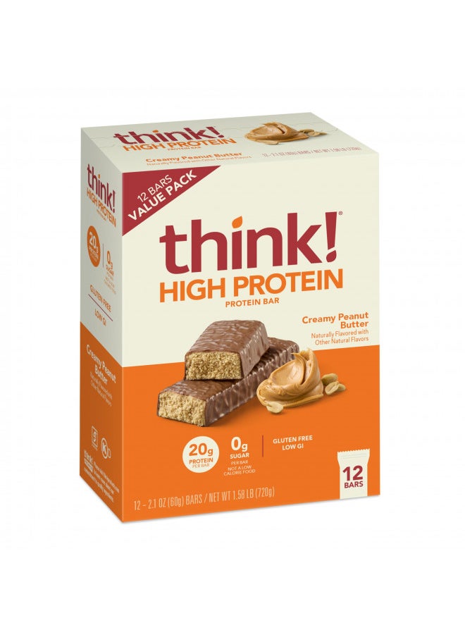 think! Protein Bars, High Protein Snacks, Gluten Free, Sugar Free Energy Bar with Whey Protein Isolate, Creamy Peanut Butter, Nutrition Bars without Artificial Sweeteners, 2.1 Oz (12 Count)