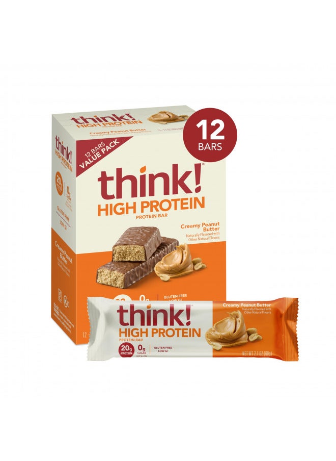 think! Protein Bars, High Protein Snacks, Gluten Free, Sugar Free Energy Bar with Whey Protein Isolate, Creamy Peanut Butter, Nutrition Bars without Artificial Sweeteners, 2.1 Oz (12 Count)