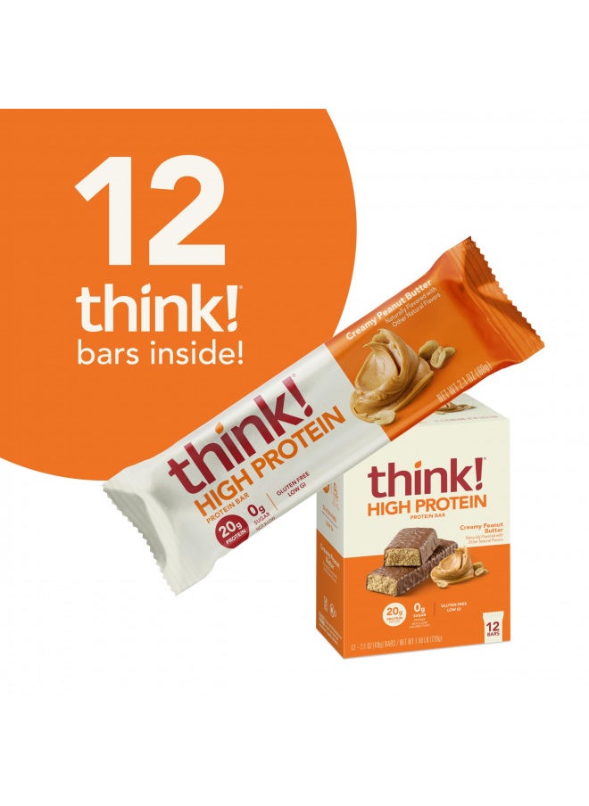 think! Protein Bars, High Protein Snacks, Gluten Free, Sugar Free Energy Bar with Whey Protein Isolate, Creamy Peanut Butter, Nutrition Bars without Artificial Sweeteners, 2.1 Oz (12 Count)