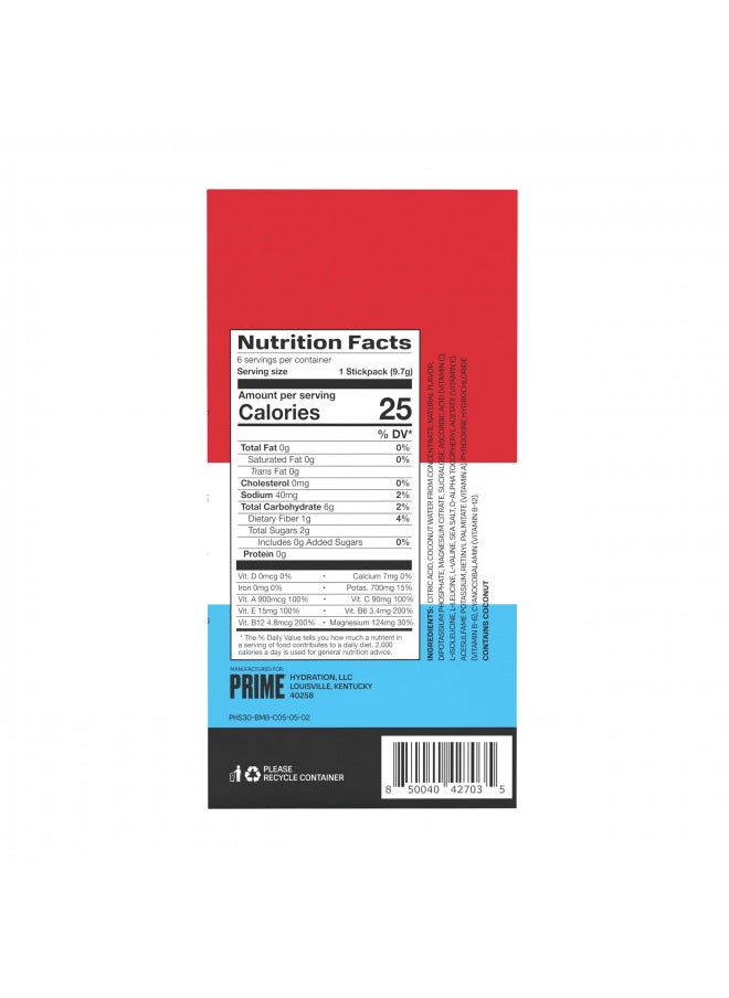 Prime Hydration+ Stick Pack | Electrolyte Drink Mix | 10% Coconut Water | 250mg BCAAs | Antioxidants | Naturally Flavored | Zero Added Sugar | Easy Open Single-Serving Stick | Ice Pop, 6 Sticks