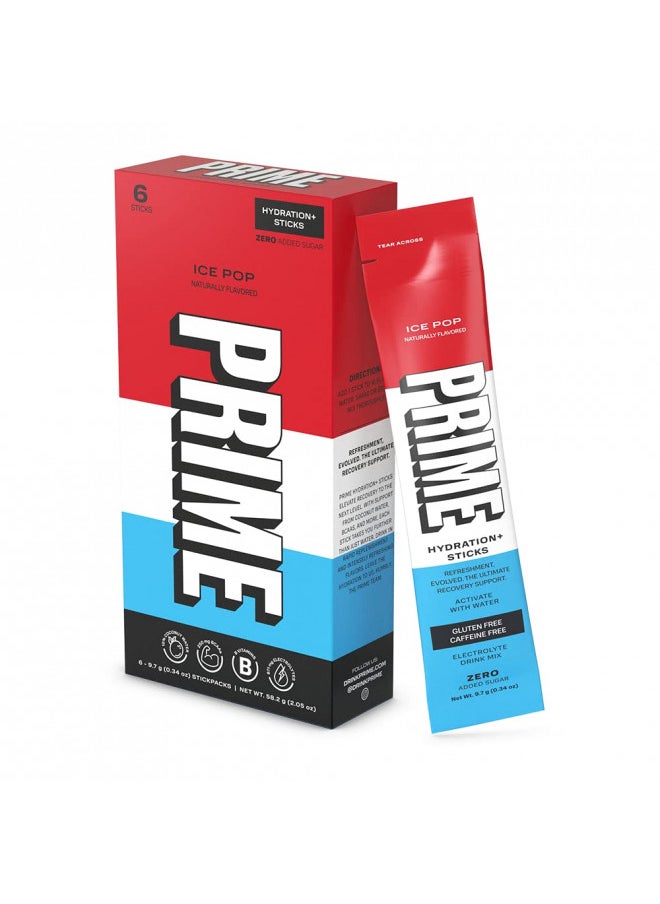 Prime Hydration+ Stick Pack | Electrolyte Drink Mix | 10% Coconut Water | 250mg BCAAs | Antioxidants | Naturally Flavored | Zero Added Sugar | Easy Open Single-Serving Stick | Ice Pop, 6 Sticks