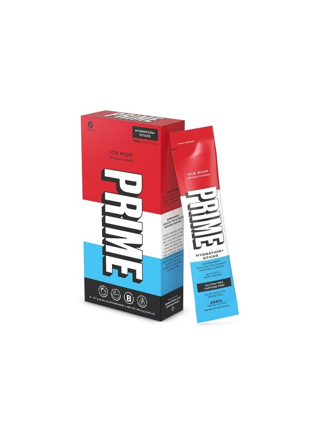 Prime Hydration+ Stick Pack | Electrolyte Drink Mix | 10% Coconut Water | 250mg BCAAs | Antioxidants | Naturally Flavored | Zero Added Sugar | Easy Open Single-Serving Stick | Ice Pop, 6 Sticks