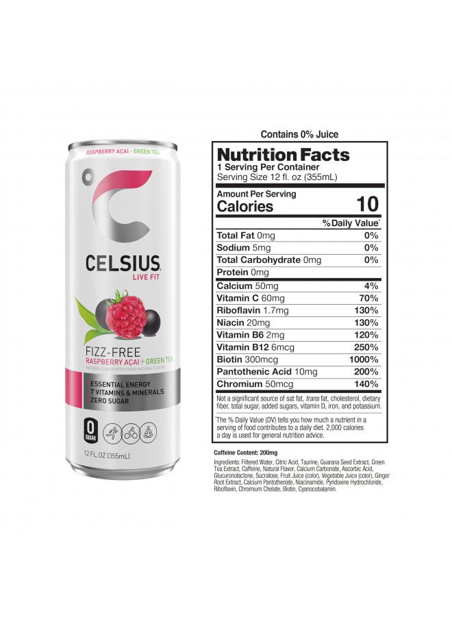 CELSIUS Raspberry Acai Green Tea, Functional Essential Energy Drink 12 Fl Oz (Pack of 12)