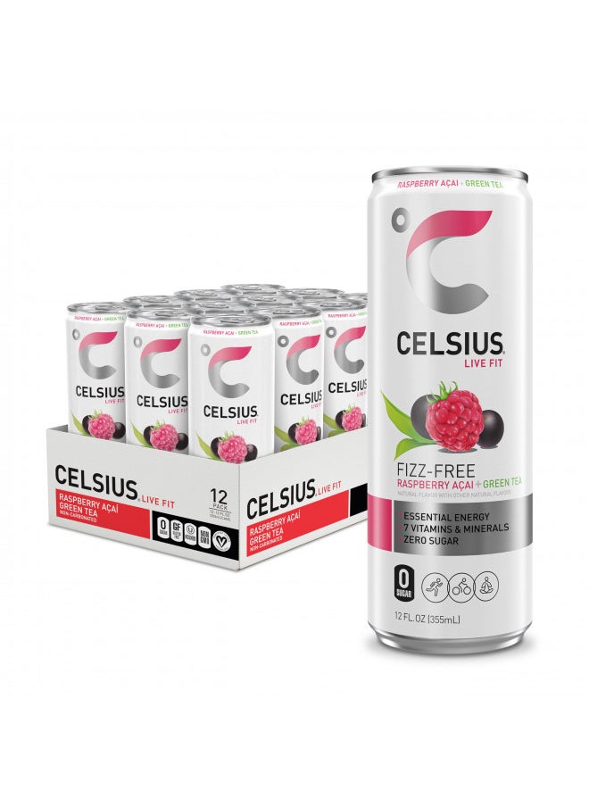 CELSIUS Raspberry Acai Green Tea, Functional Essential Energy Drink 12 Fl Oz (Pack of 12)