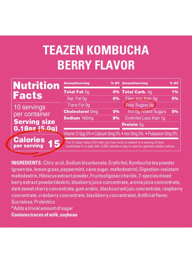 TEAZEN Berry Kombucha Tea, Hydration Drink Mix, Sugar Free, Live Probiotics & Prebiotics, 10 Sticks, 1.76oz