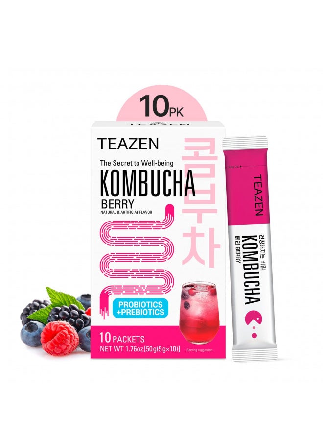 TEAZEN Berry Kombucha Tea, Hydration Drink Mix, Sugar Free, Live Probiotics & Prebiotics, 10 Sticks, 1.76oz