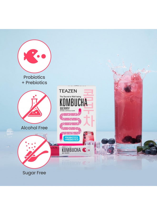 TEAZEN Berry Kombucha Tea, Hydration Drink Mix, Sugar Free, Live Probiotics & Prebiotics, 10 Sticks, 1.76oz