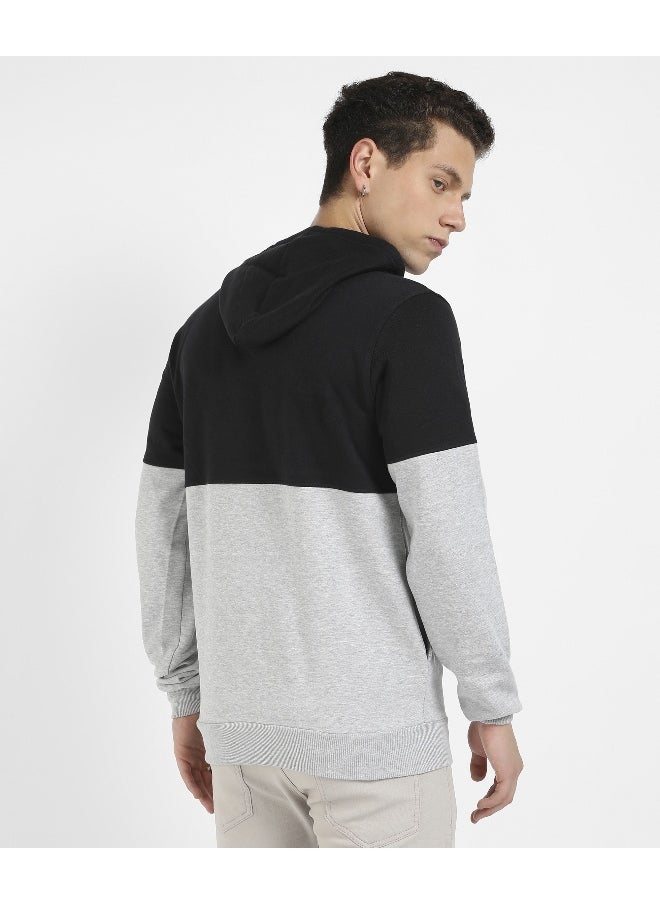 Men's Black & Grey Colourblocked Hoodie With Kangaroo Pocket