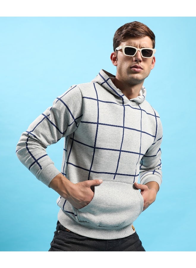 Men's Light Grey Contrast Graph Check Hoodie With Kangaroo Pocket