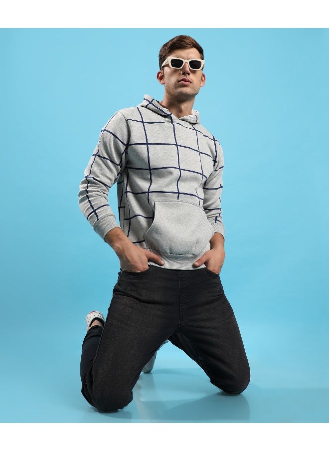 Men's Light Grey Contrast Graph Check Hoodie With Kangaroo Pocket