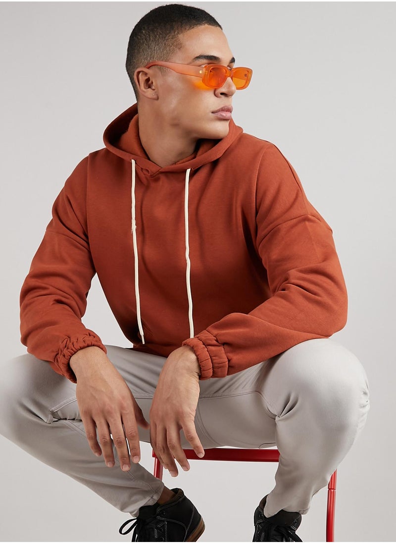 Men's Burnt Orange Oversized Pullover Sweatshirt With Kangaroo Pocket