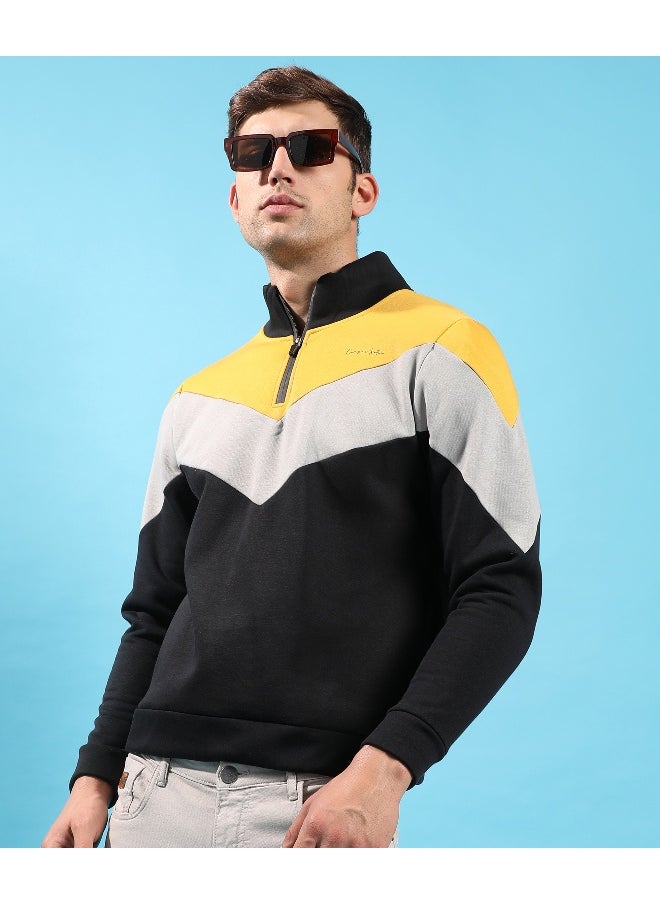 Men's Multicolour Contrast Panel Sweatshirt With Half-Zip Closure