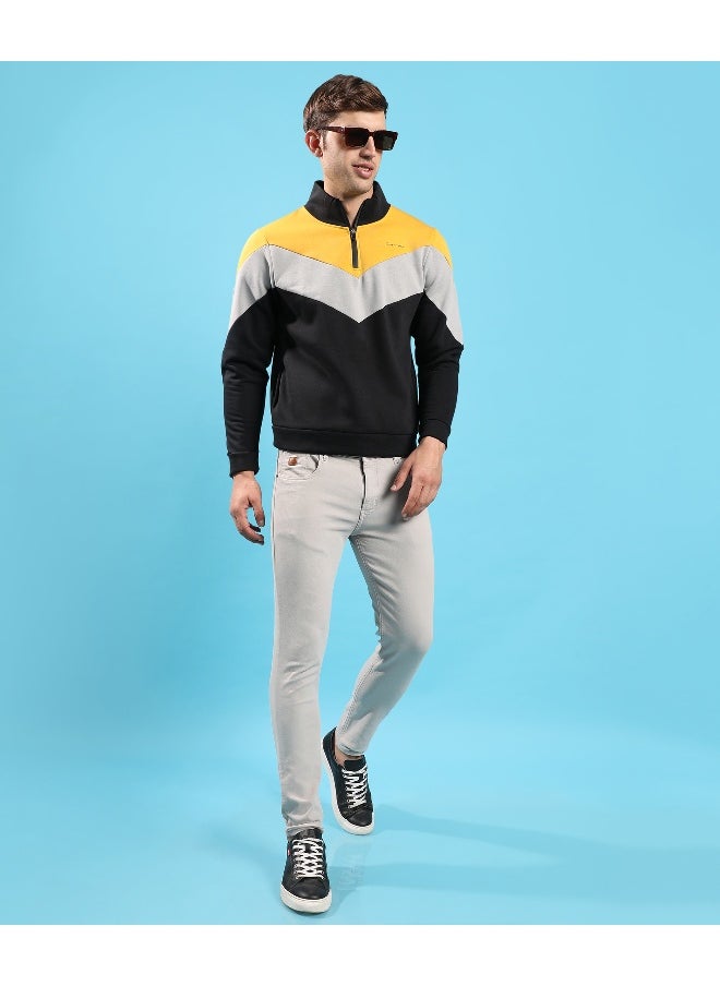 Men's Multicolour Contrast Panel Sweatshirt With Half-Zip Closure