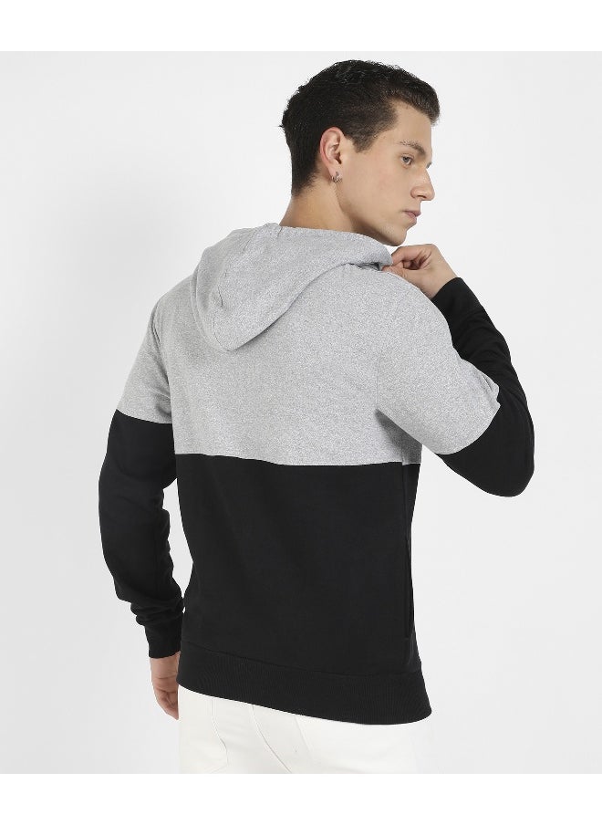 Men's Black & Grey Pullover Hoodie With Patch Pocket