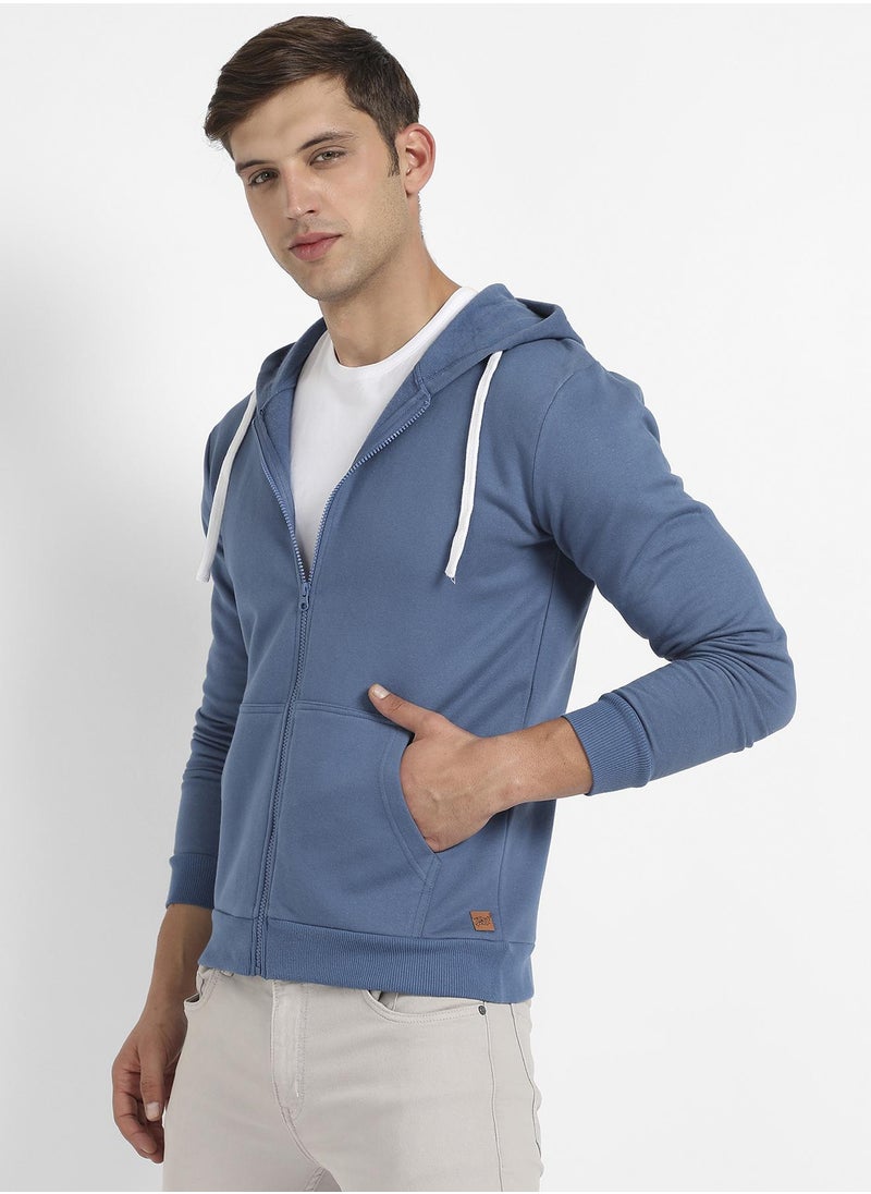 Men's Azure Blue Zip-Front Hoodie With Contrast Drawstring