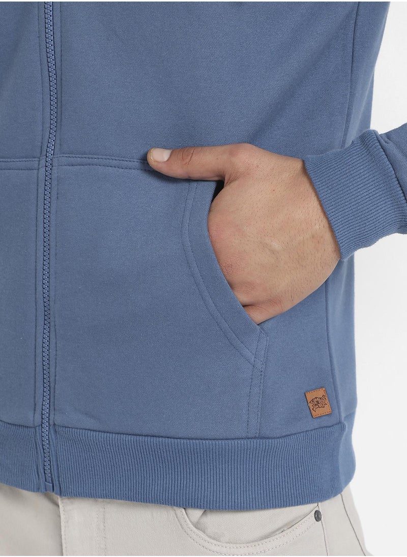 Men's Azure Blue Zip-Front Hoodie With Contrast Drawstring