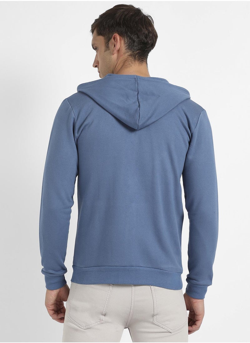 Men's Azure Blue Zip-Front Hoodie With Contrast Drawstring