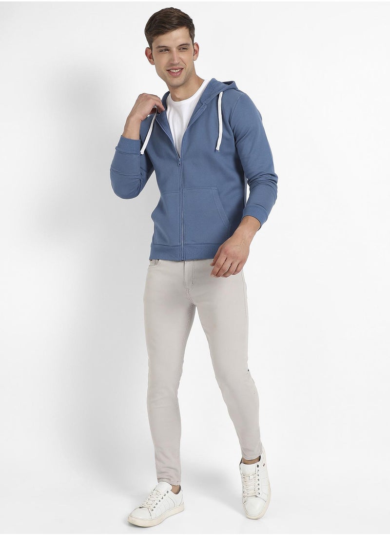 Men's Azure Blue Zip-Front Hoodie With Contrast Drawstring