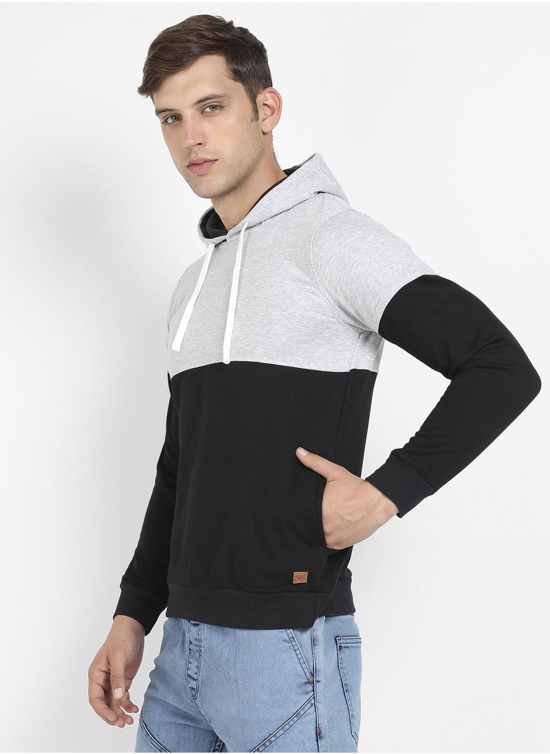 Men's Black & Grey Pullover Hoodie With Ribbed Hem